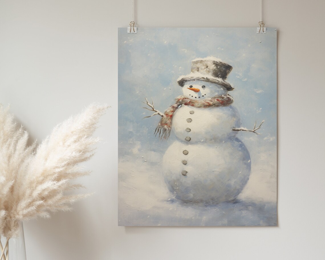 Classic Snowman Top Hat Plaid Scarf Snowy Winter Christmas Art Poster - Image 2