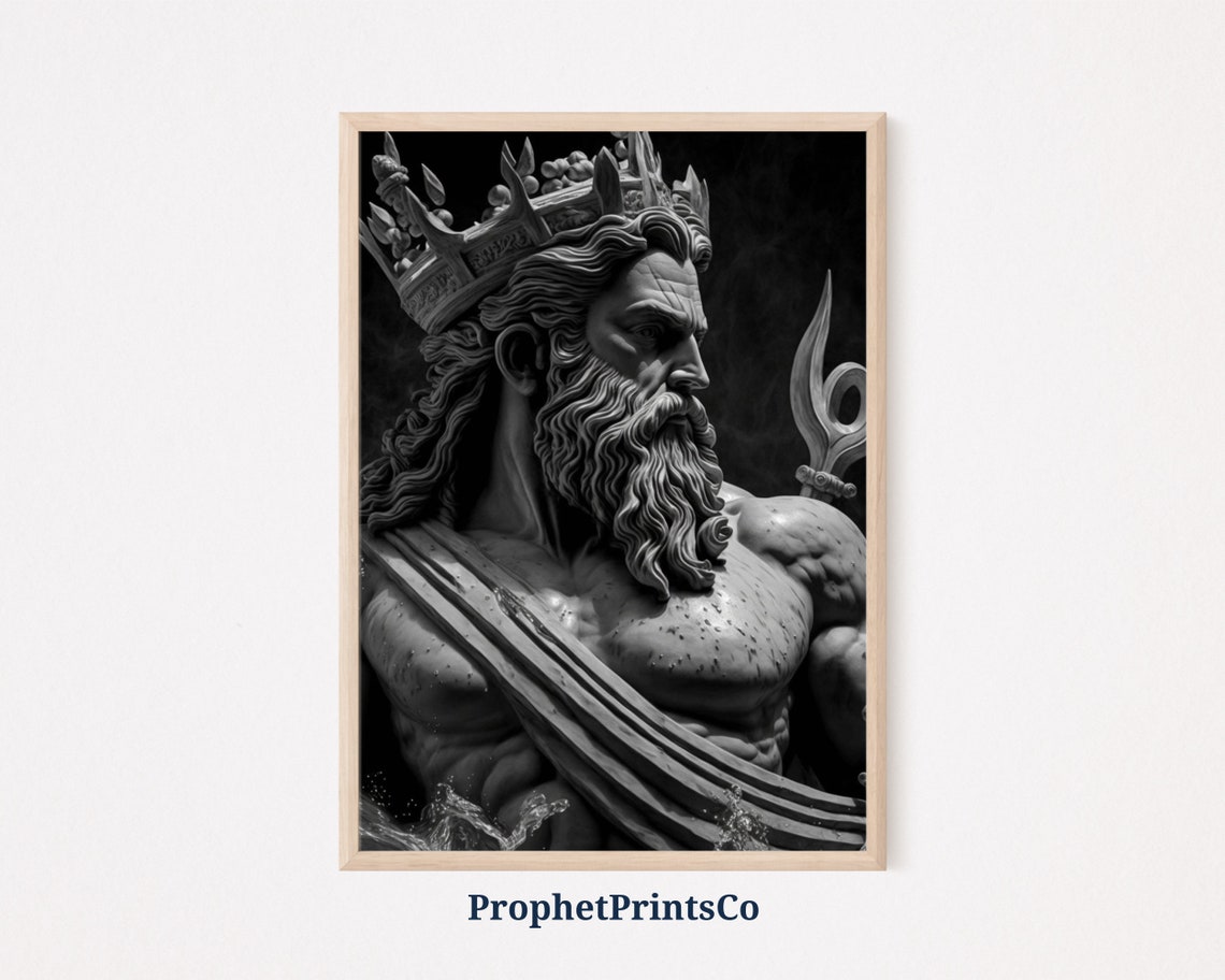 Crowned Poseidon With Trident Black White Greek Sea God Statue Poster