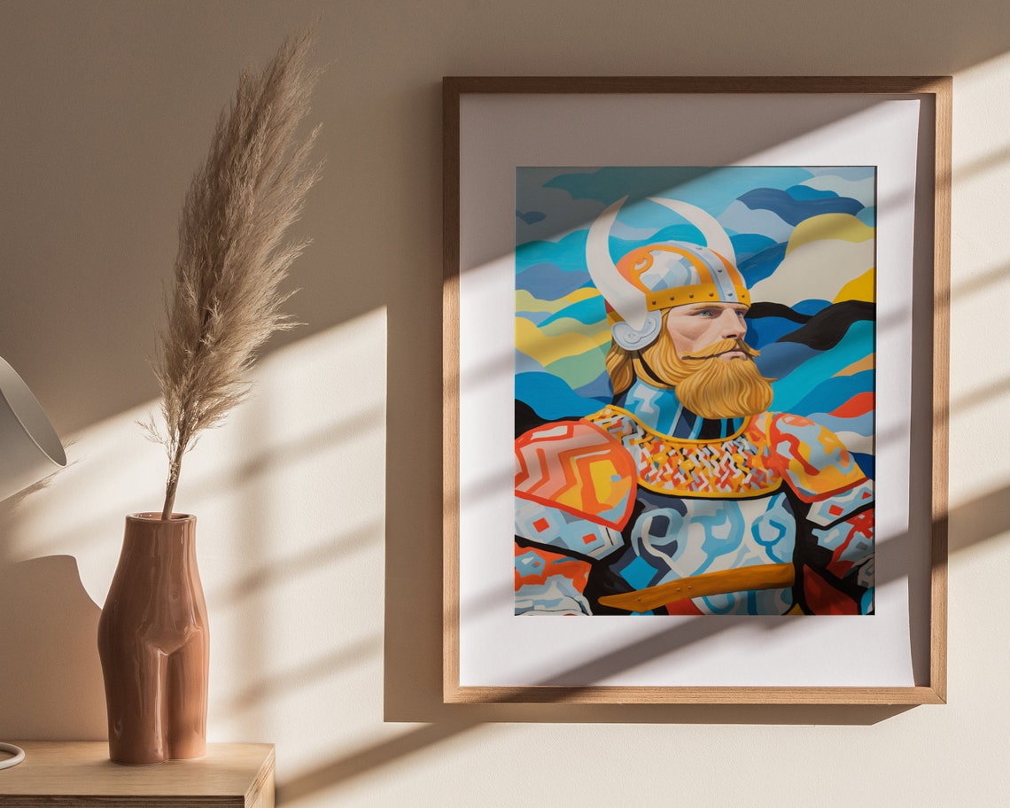 Colorful Viking With Horned Helmet Bold Geometric Art Poster - Image 4