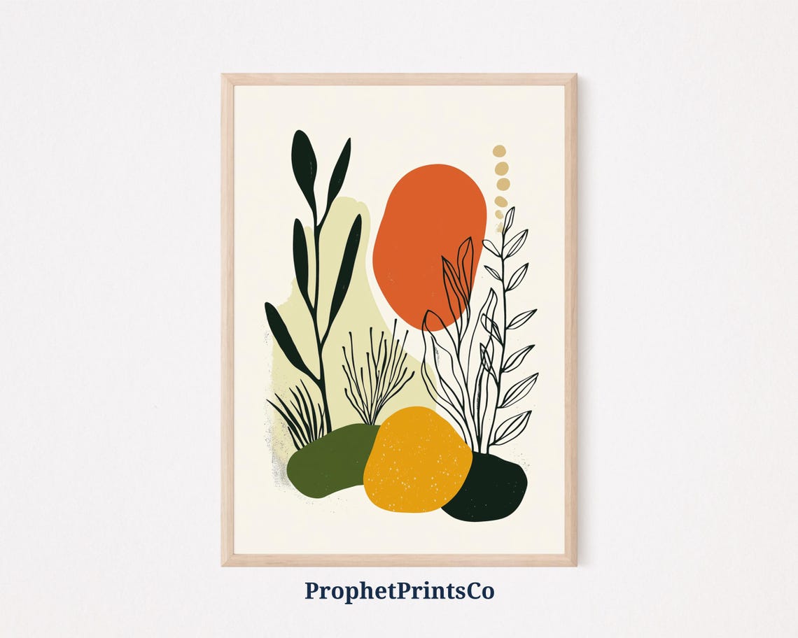 Abstract Botanical Orange Sun Circle Line Art Leaves Modern Poster