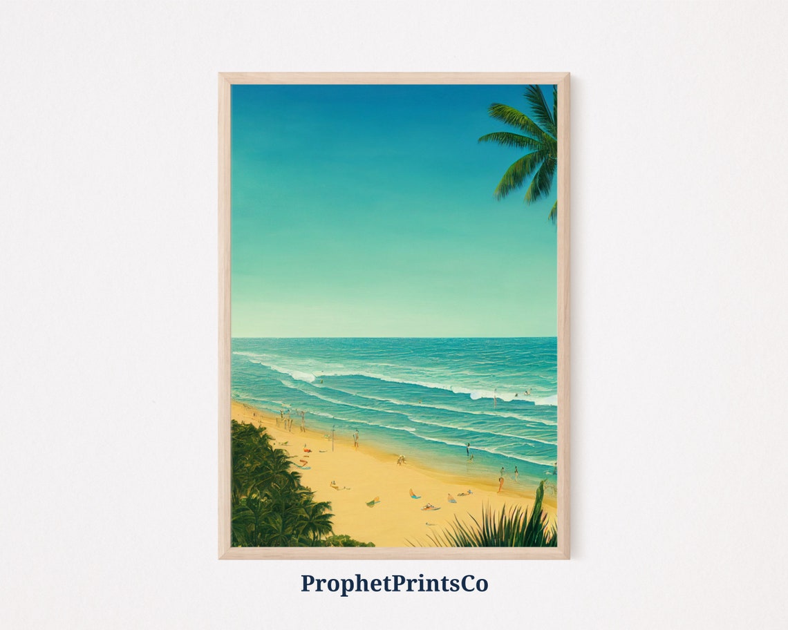 Tropical Beach With Palm Trees Swimmers And Turquoise Surf Poster