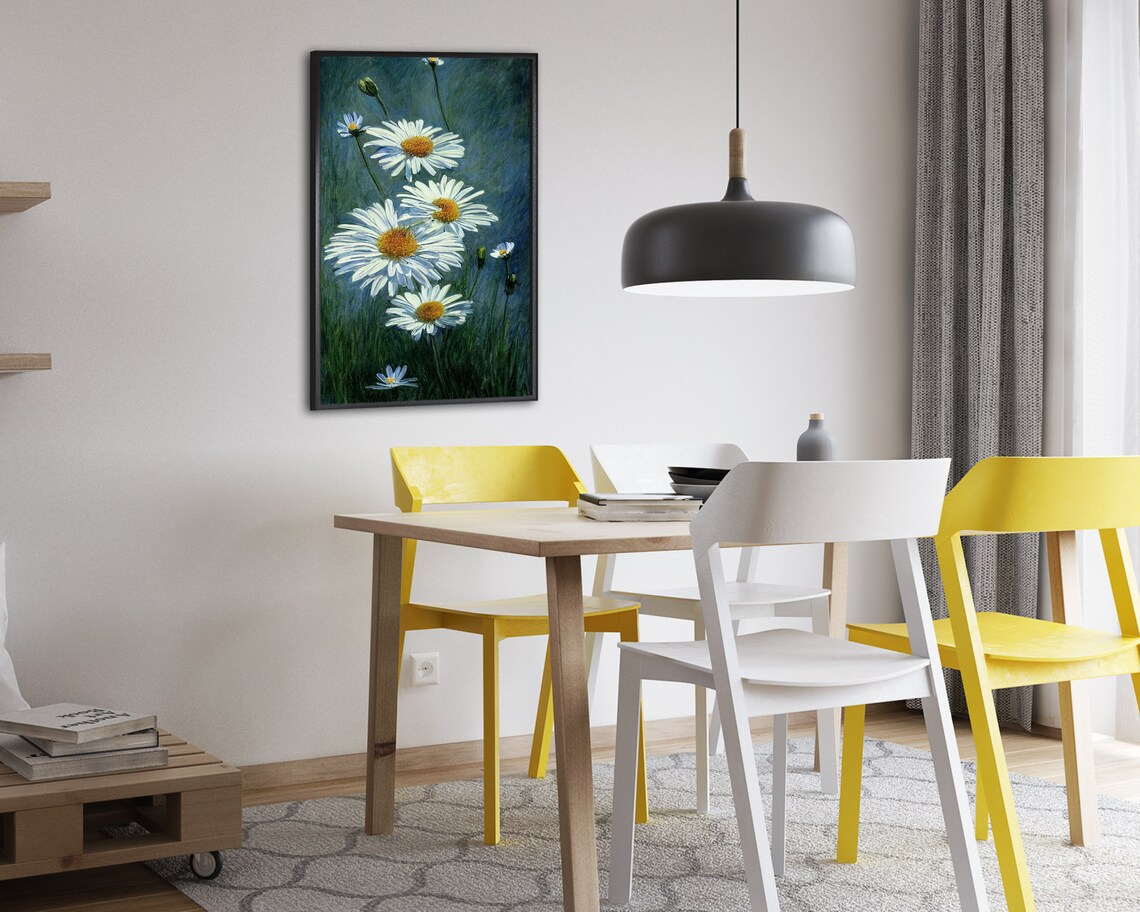 White Daisy Bouquet Impressionist Oil Painting Blue Green Garden Poster - Image 2
