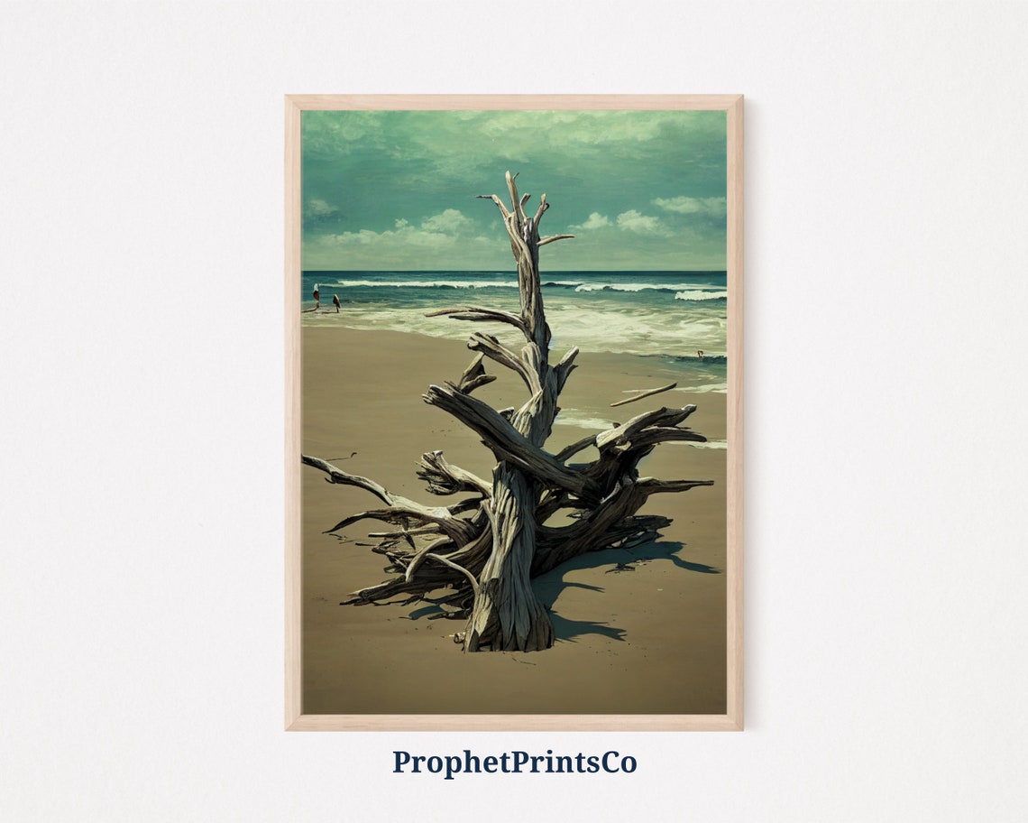 Driftwood Tree on Sandy Beach Ocean Waves Coastal Oil Art Poster