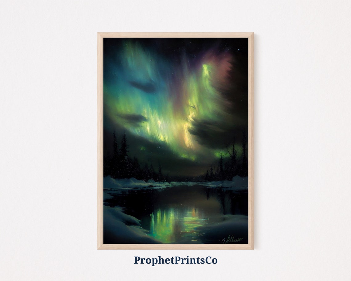 Aurora Borealis Dancing Over a Snowy Lake and Pine Forest Poster