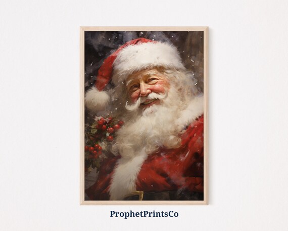 Laughing Santa Claus with Holly Berries Vintage Snowy Christmas Painting Poster