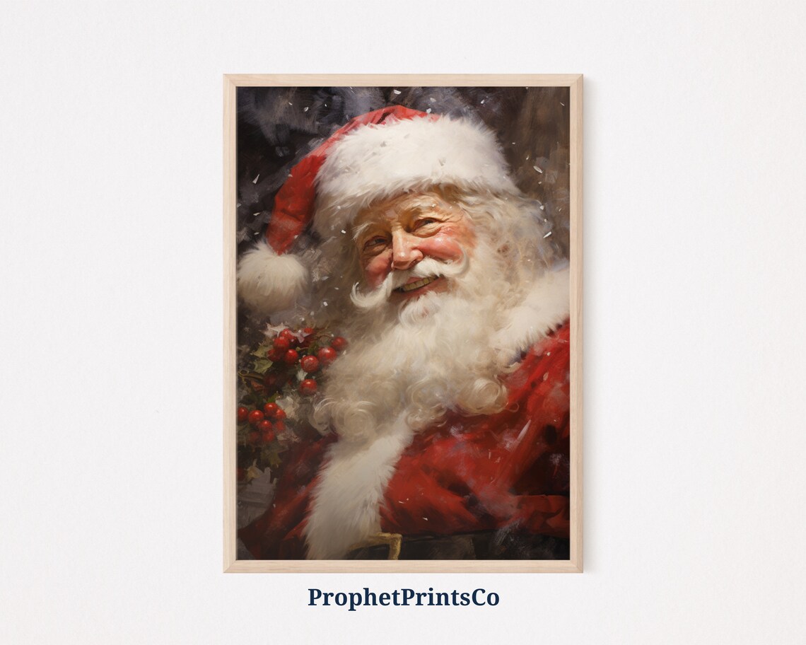 Laughing Santa Claus with Holly Berries Vintage Snowy Christmas Painting Poster