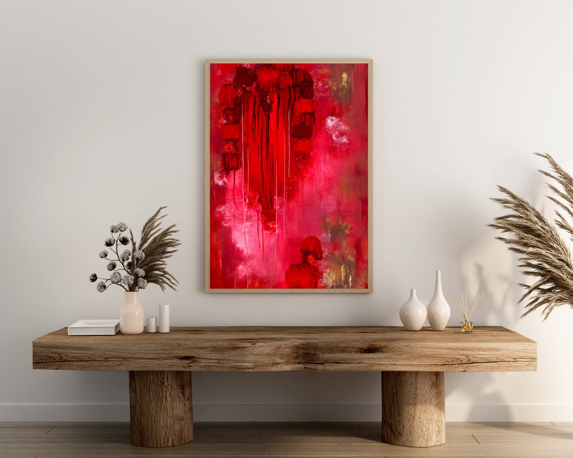 Red Abstract Drip Paint Dark Streaks Expressive Bold Modern Art Poster - Image 3