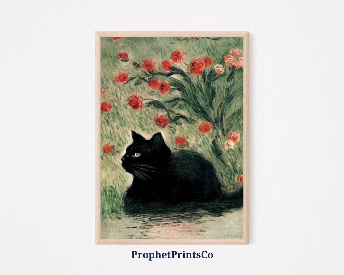 Black Cat Rose Garden Impressionist Painting Moody Feline Art Poster
