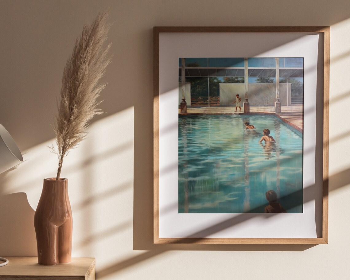 Boys Swimming Grand Pool Vintage Summer Nostalgic Painting Poster - Image 4