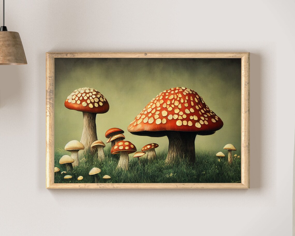 Red Fly Agaric Mushrooms in Grass Vintage Nature Painting Poster - Image 2