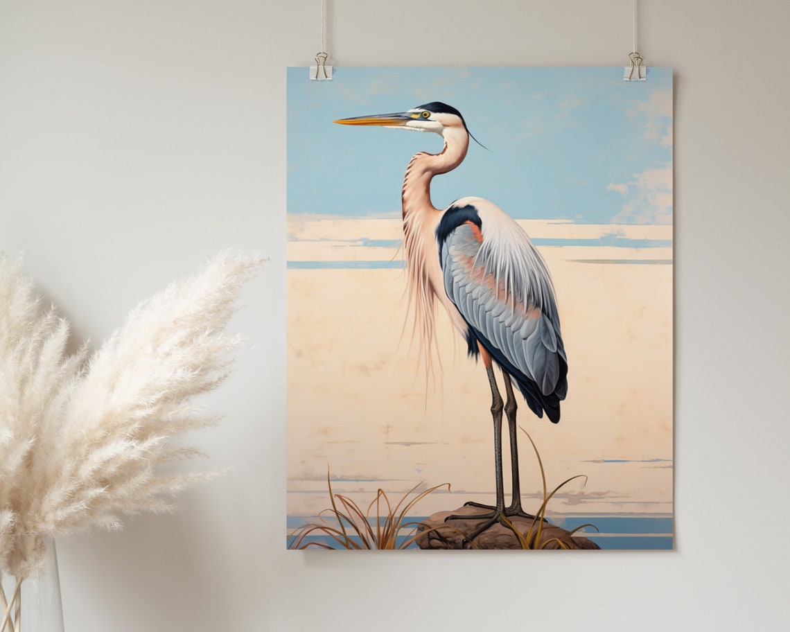 Great Blue Heron Standing By Water Vintage Coastal Bird Poster - Image 2