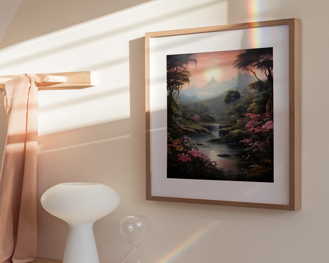 Sunset River Waterfall Pink Flowers Mountain Painting Poster - Image 3