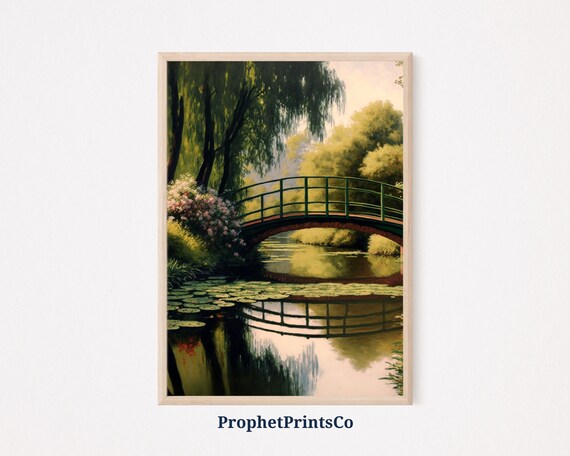 Monet Inspired Footbridge With Willows Over a Flowering Lily Pond Poster