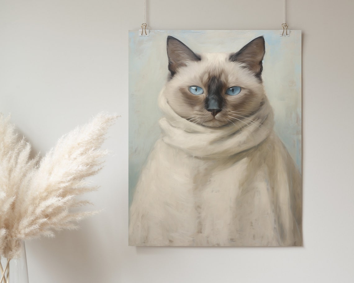 Siamese Cat White Scarf Blue Eyes Cozy Portrait Painting Poster - Image 2
