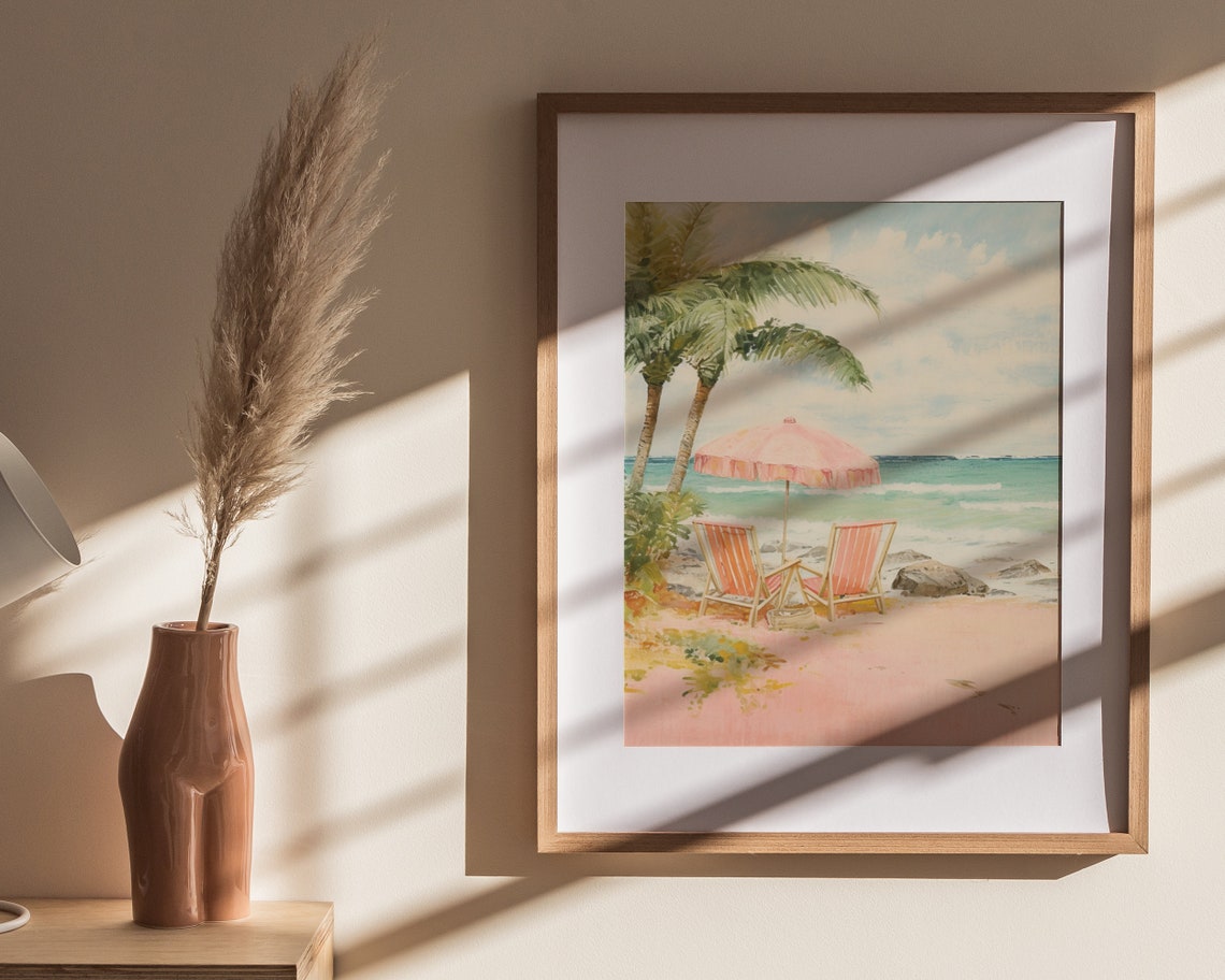 Tropical Pink Beach Parasol Palm Trees Turquoise Sea Art Poster - Image 4