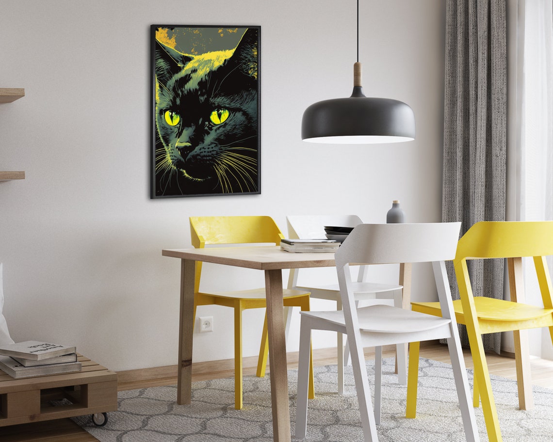 Neon Black Cat Poster Glowing Green Eyes Comic Pop Art Style Design - Image 2