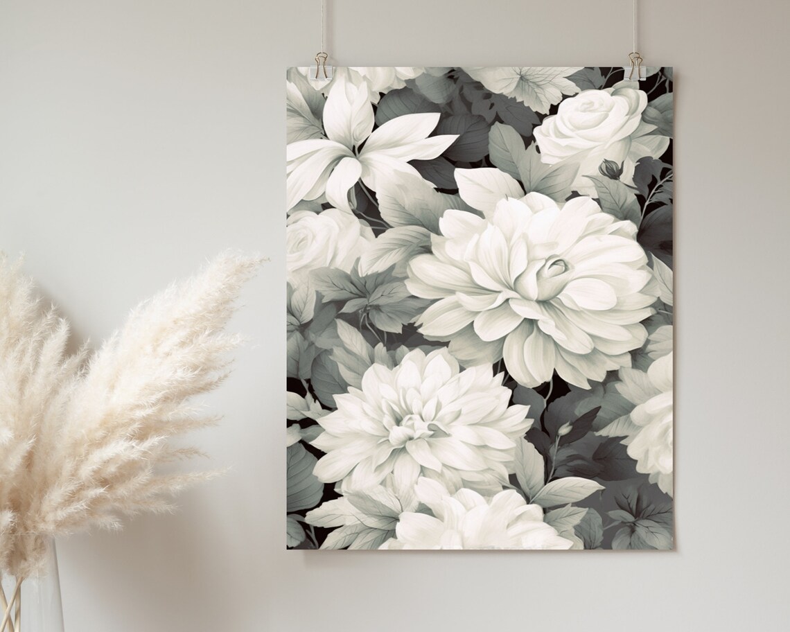 Soft White Dahlia Blooms Monochrome Floral Painting Art Poster - Image 2