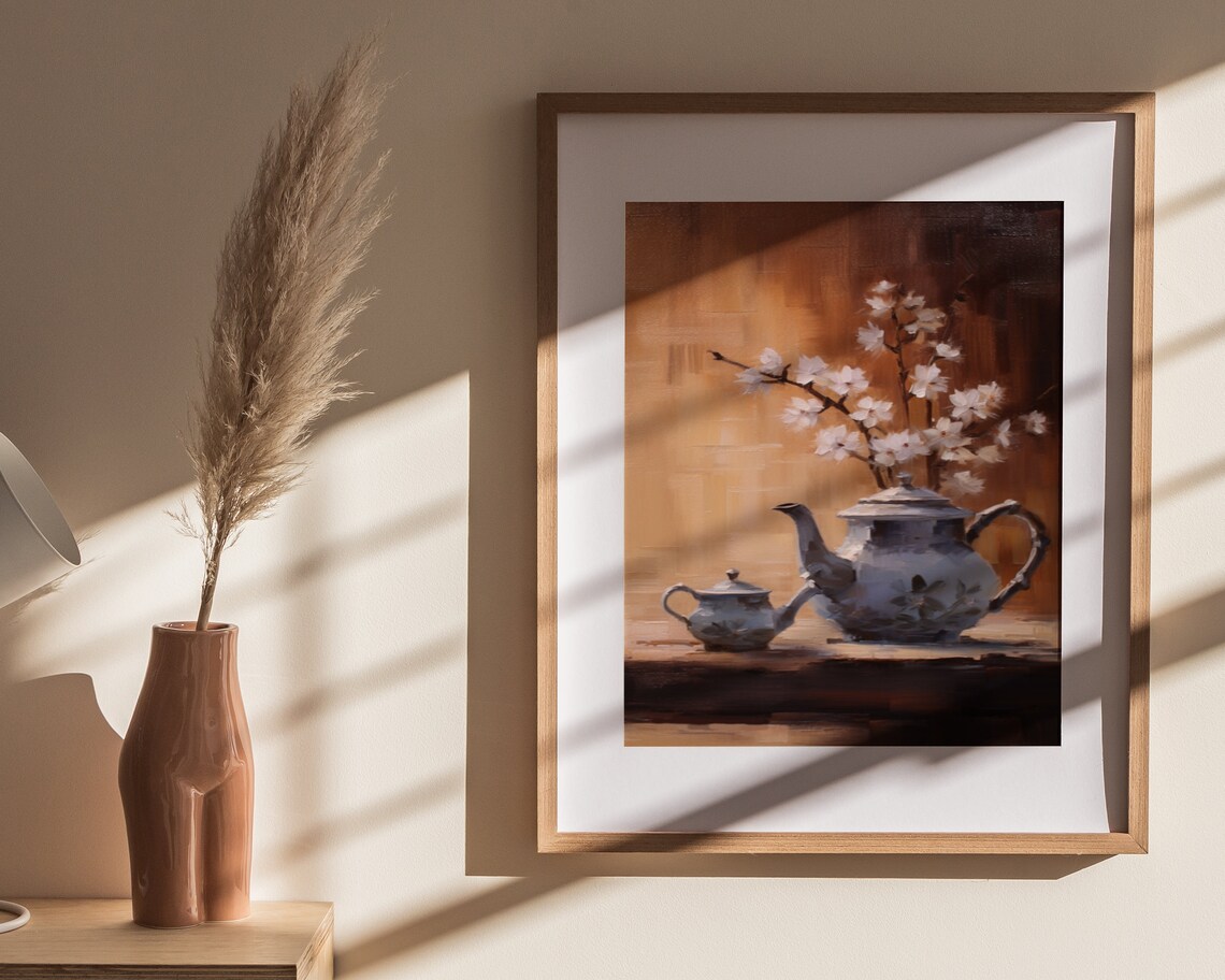 Teapot and Blossom Branches Still Life Warm Oil Painting Poster - Image 4
