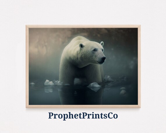 Polar Bear Among Ice Chunks in Misty Arctic Water Wildlife Poster