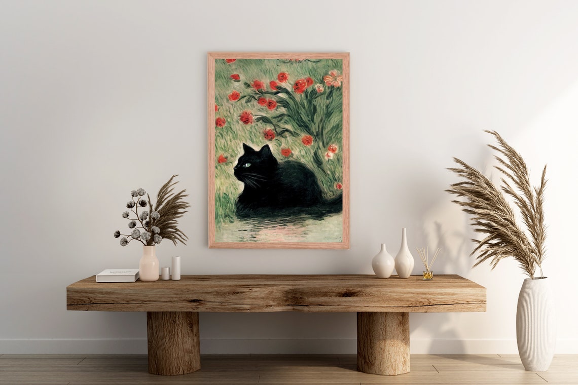 Black Cat Rose Garden Impressionist Painting Moody Feline Art Poster - Image 2