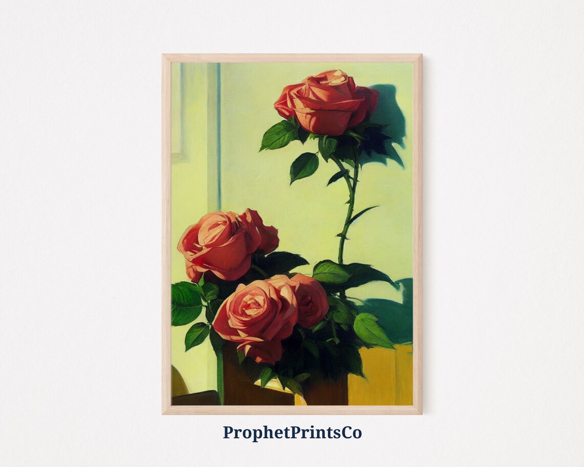 Sunlit Coral Rose Bouquet in Vase Oil Painting Floral Poster