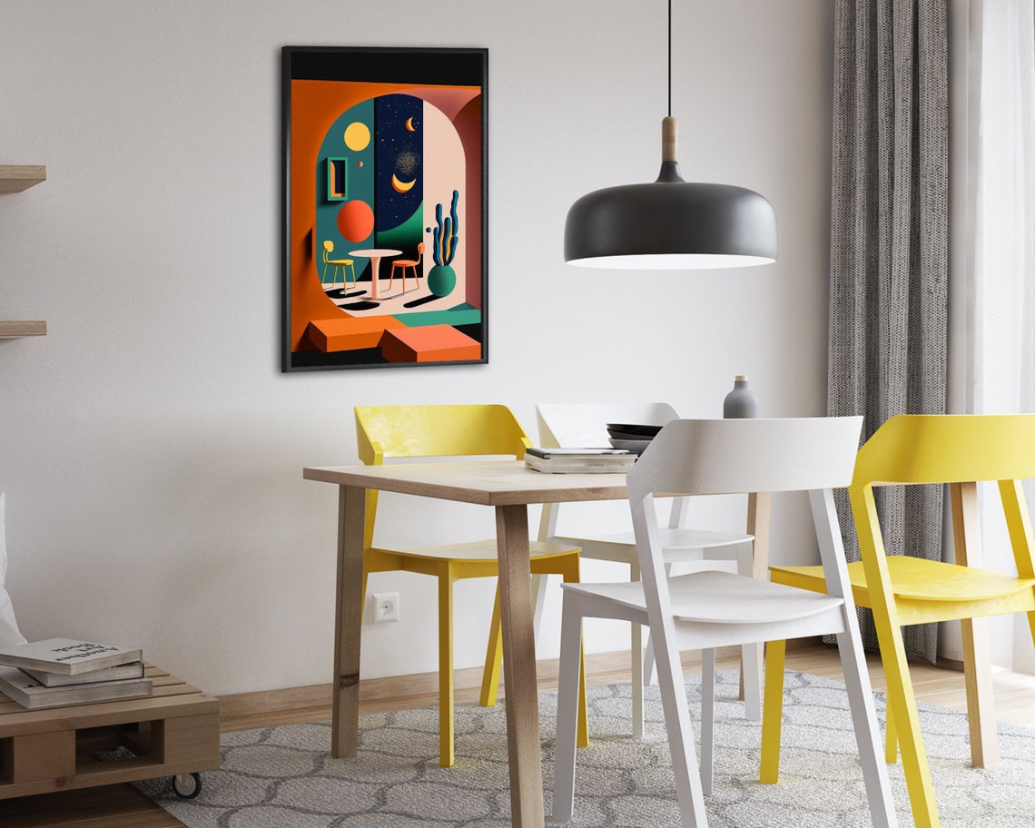 Retro 80s Interior Poster Abstract Suns Moons and Cactus Teal Design - Image 2