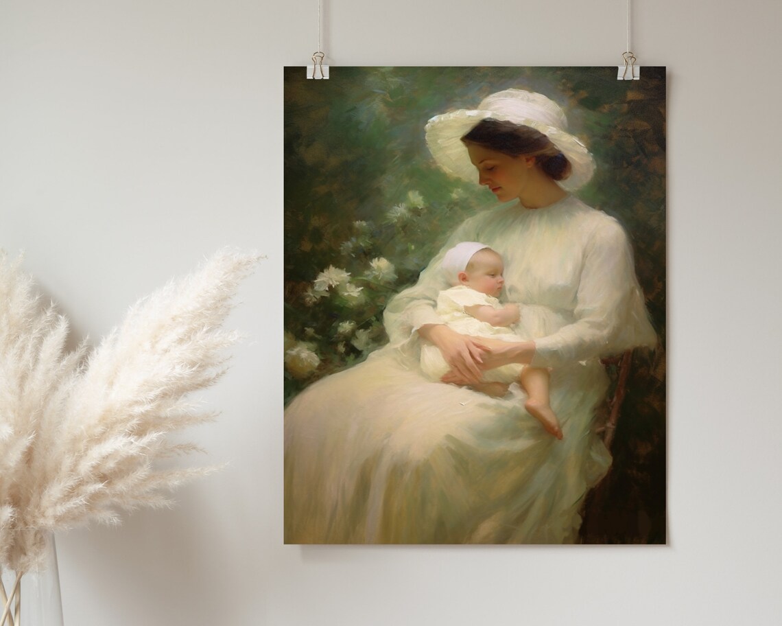 Mother and Baby Garden White Gown Romantic Oil Painting Poster - Image 2