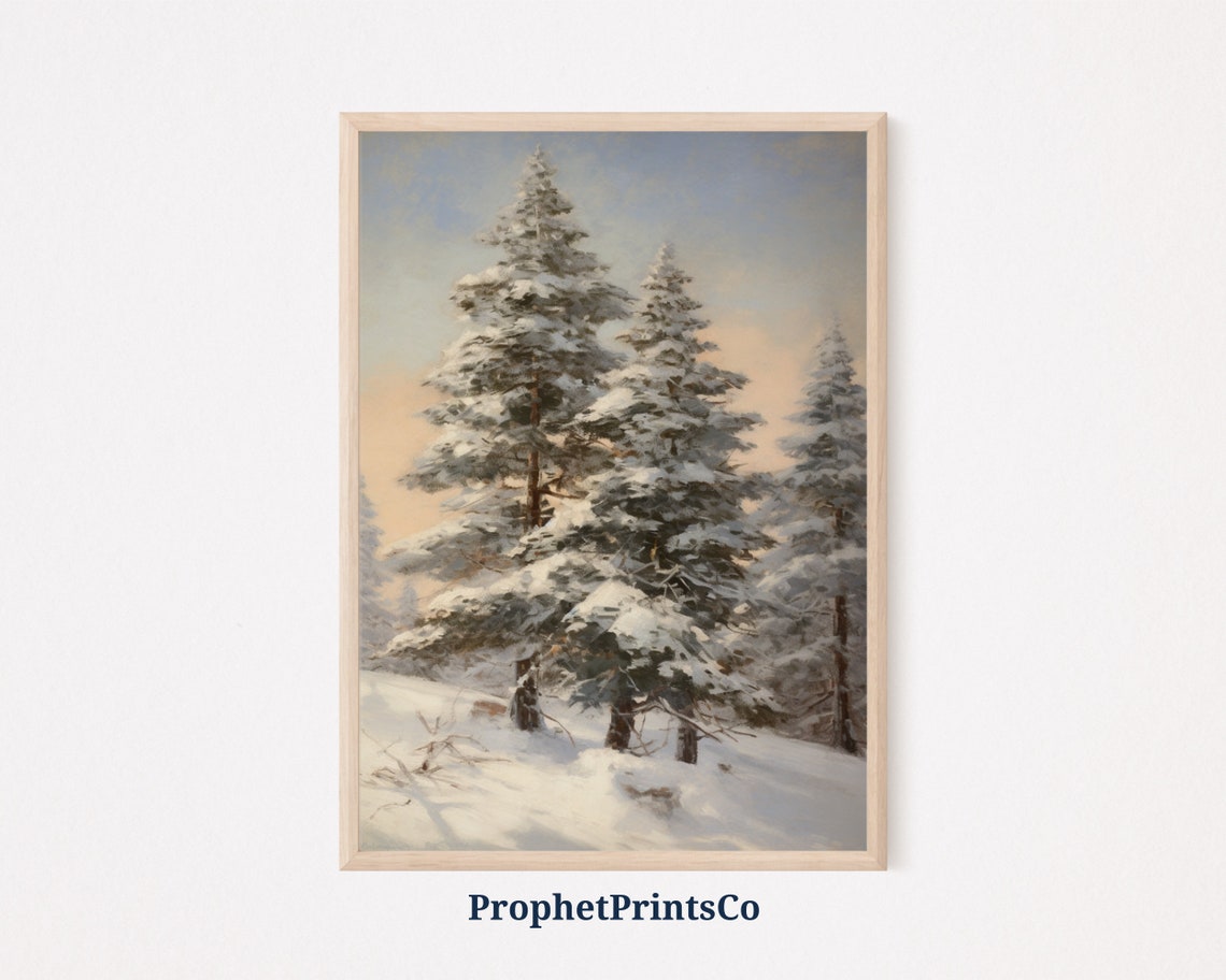 Snow Covered Pine Trees Warm Sunset Glow Winter Painting Poster
