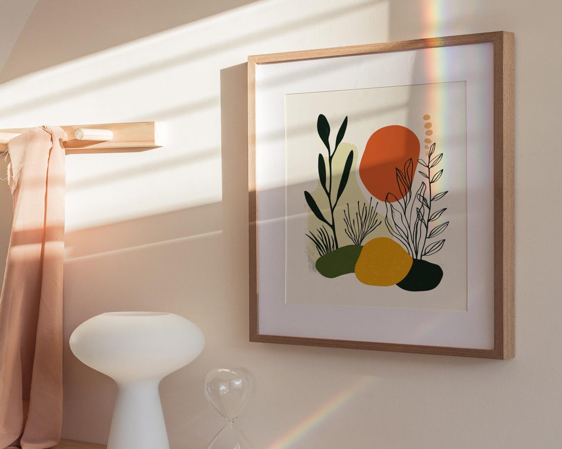 Abstract Botanical Orange Sun Circle Line Art Leaves Modern Poster - Image 3