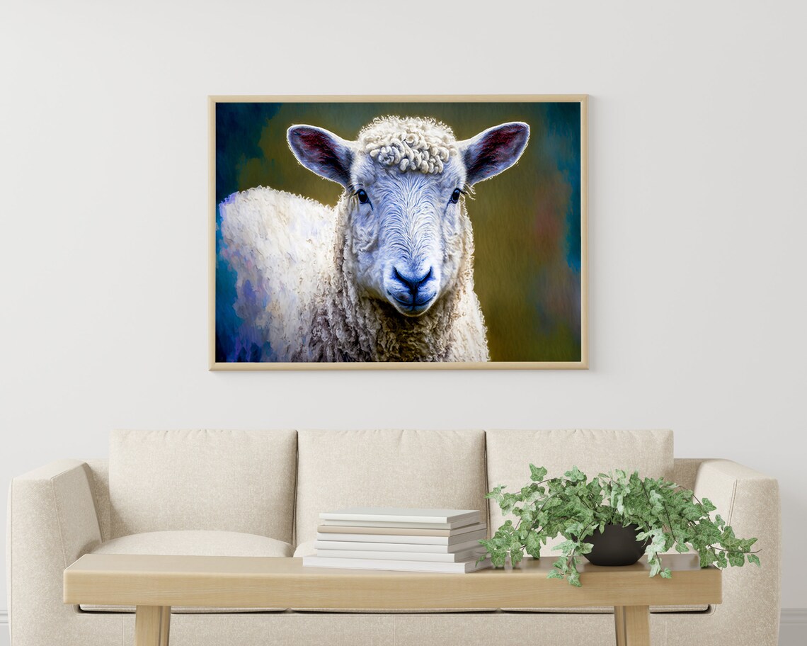 Sweet Cute White Lamb Face Portrait Painterly Farm Art Poster - Image 3