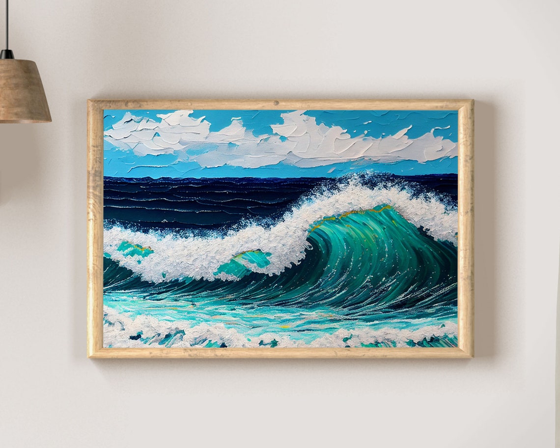 Emerald Wave Curl With White Foam Impasto Cloud Seascape Poster - Image 2