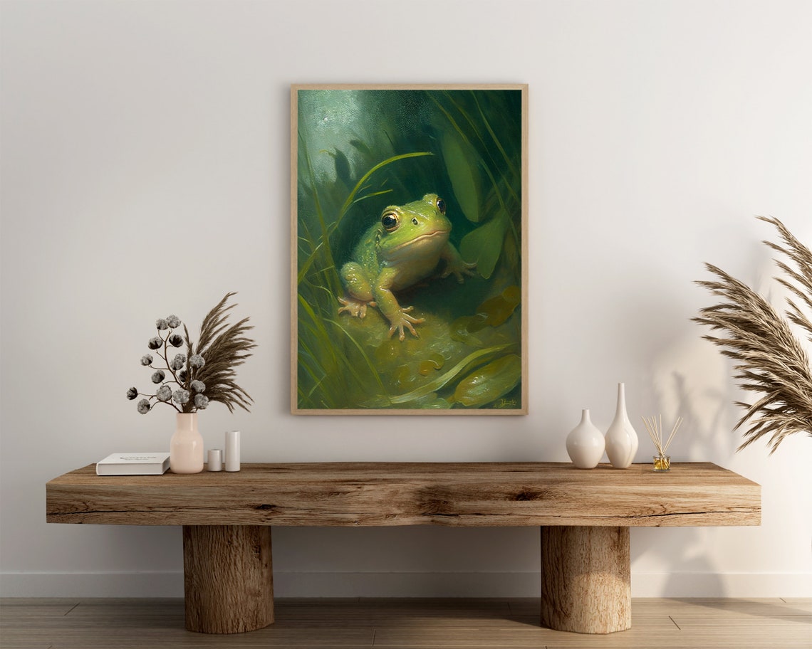 Little Green Frog Peeking Through Pond Reeds Charming Wildlife Poster - Image 3