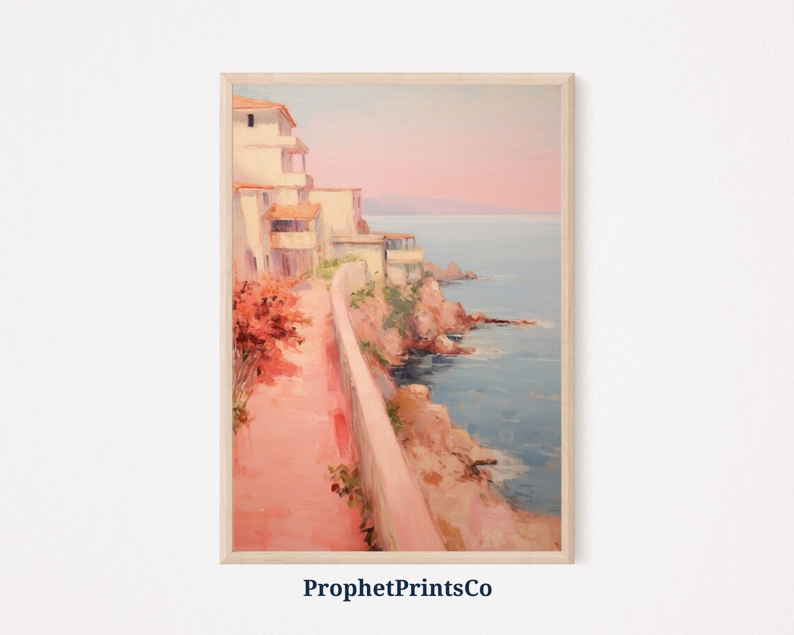 Coastal Cliffside Village Sunset Walkway Oil Painting Poster