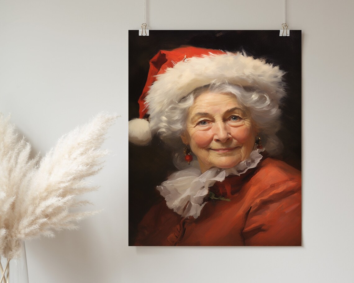 Mrs Claus Portrait in Santa Hat Vintage Style Christmas Oil Painting Poster - Image 2