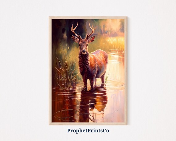 Majestic Buck Deer in a Golden Sunset Pond Oil Painting Poster
