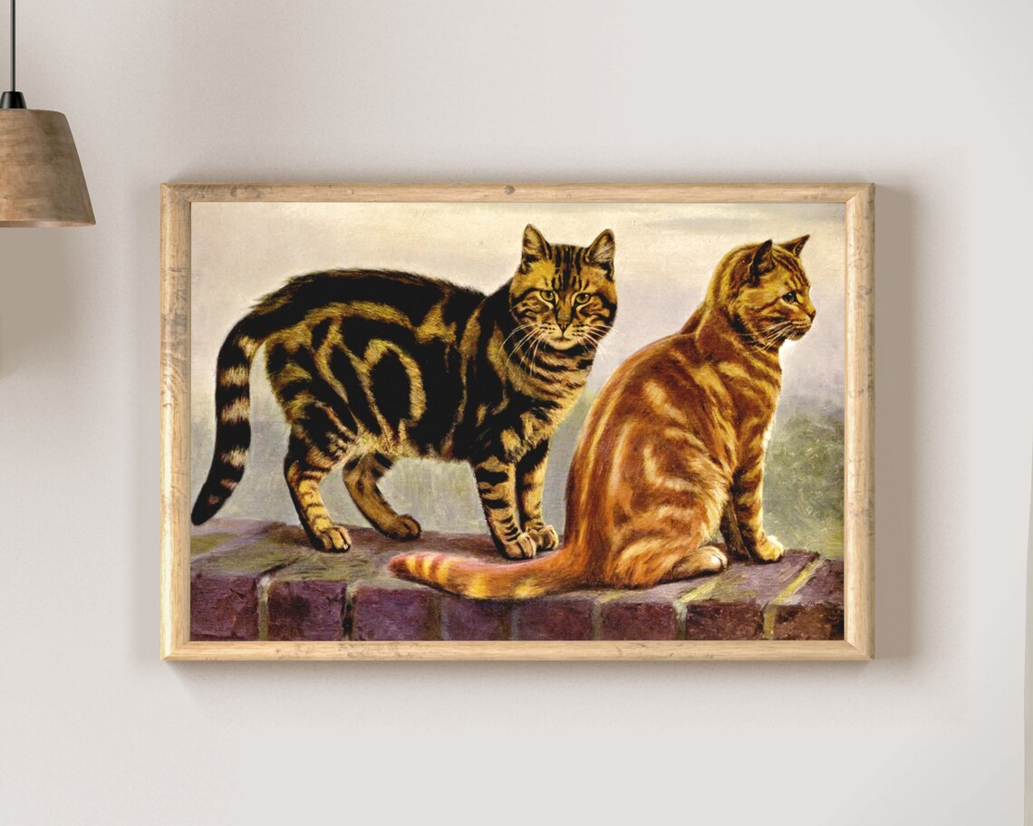 Two Tabby Cats Vintage Painting Brown Ginger Feline Friends Poster - Image 2