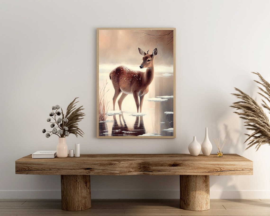 Graceful Doe on a Frozen Winter Lake Oil Painting Wildlife Poster - Image 3