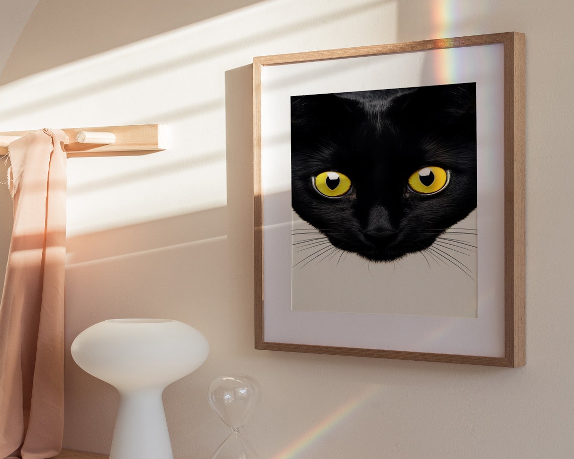Funny Black Cat Face Yellow Eyes Minimalist Cream Art Poster - Image 3