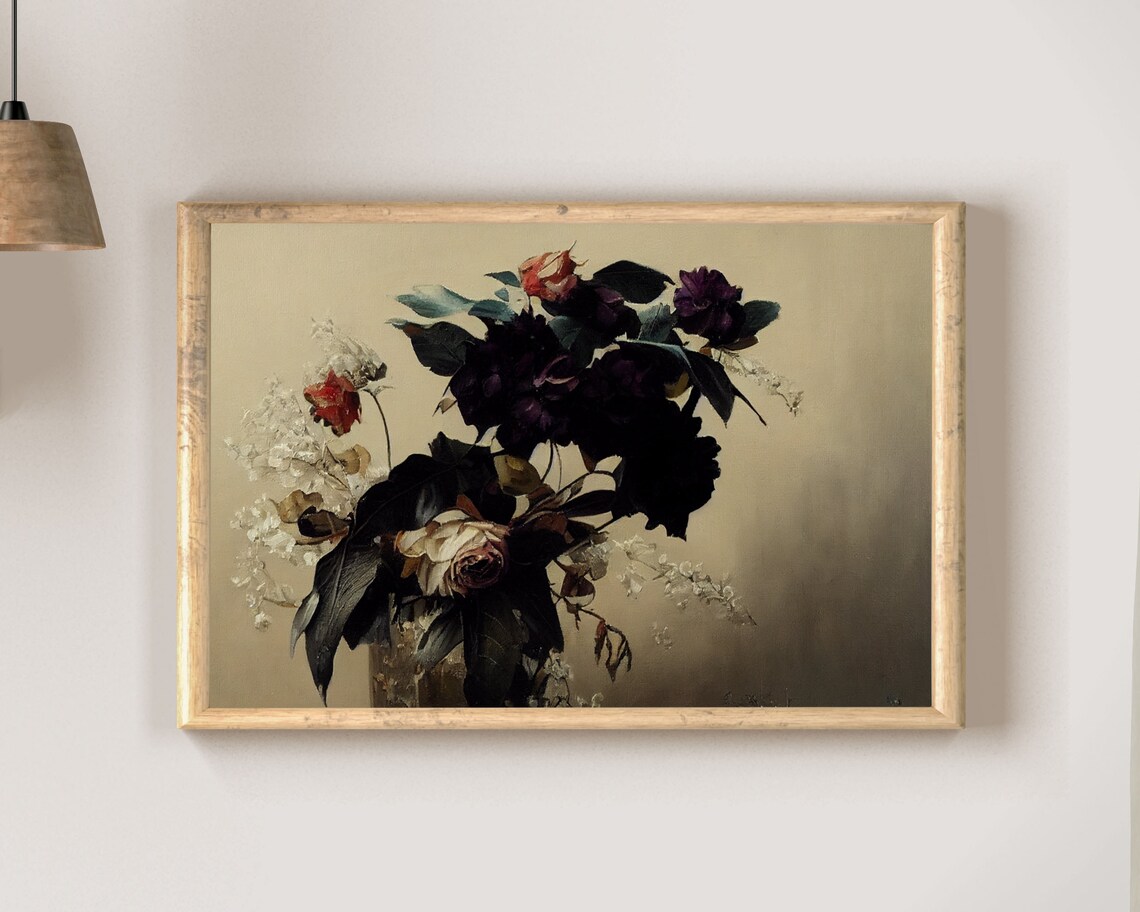 Dark Moody Dahlia and Rose Bouquet Vintage Floral Oil Poster - Image 2