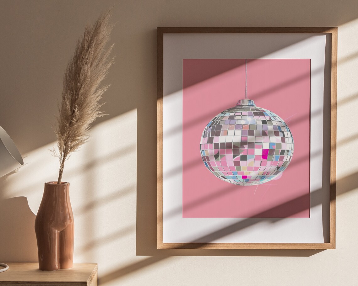 Disco Ball Hanging Illustration Pink Background Glam Party Decor Poster - Image 4