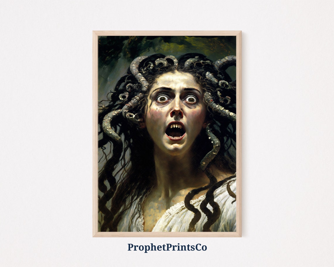Screaming Medusa With Wide Eyes Dramatic Horror Myth Art Poster