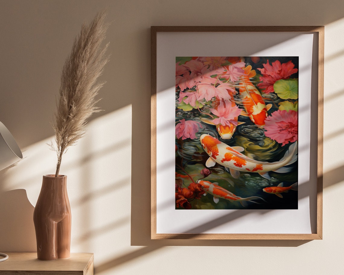 Koi Fish Among Vibrant Pink Tropical Flowers Pond Painting Poster - Image 4