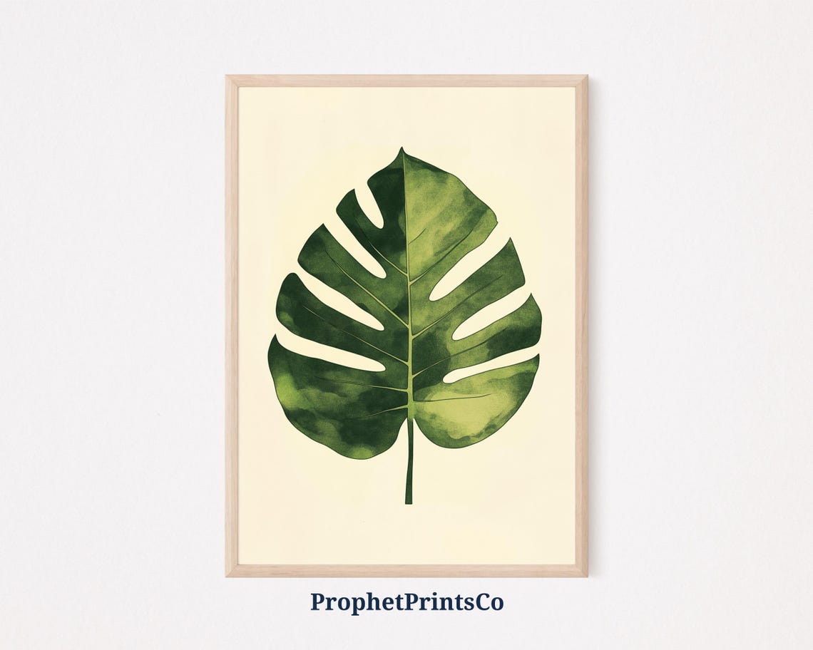 Single Monstera Leaf Watercolor Bold Green Statement Botanical Poster