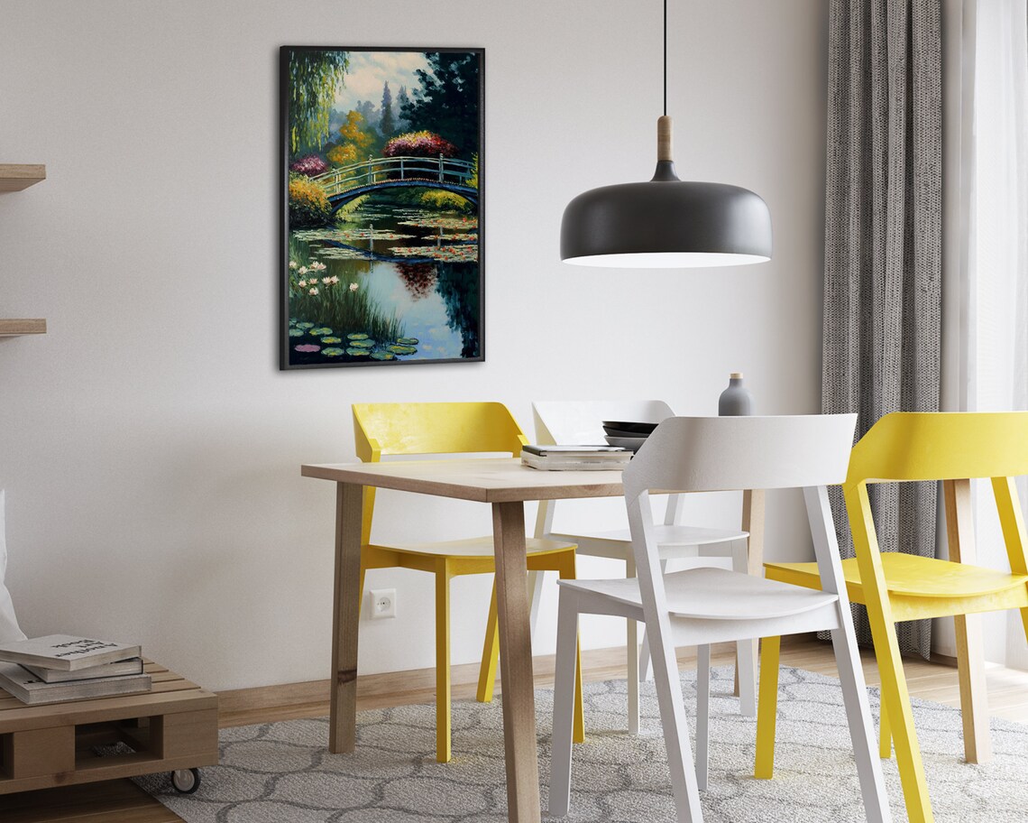 Monet Inspired Blue Footbridge Over Water Lilies and Weeping Willows Poster - Image 2