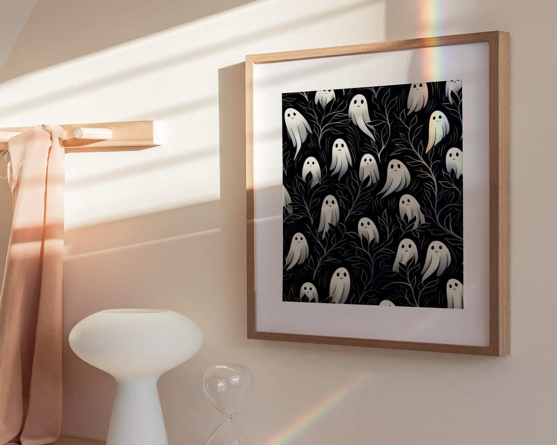 Cute Ghosts Pattern On Black Botanical Night Halloween Art Poster - Image 3