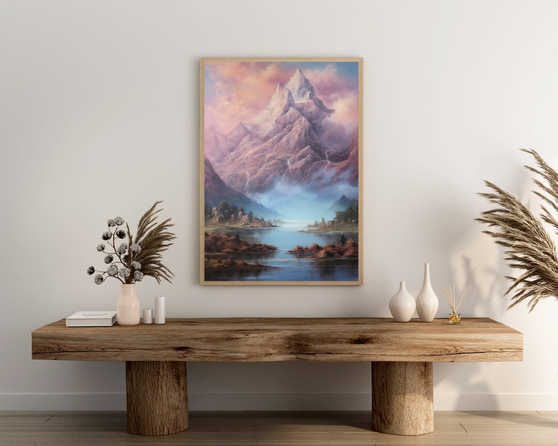 Lavender Mountain Peak Oil Painting Misty Lake Pastel Peaks Poster - Image 3