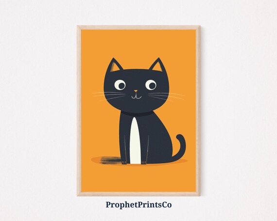 Cute Black Cat Cartoon Orange Background Playful Kids Decor Poster