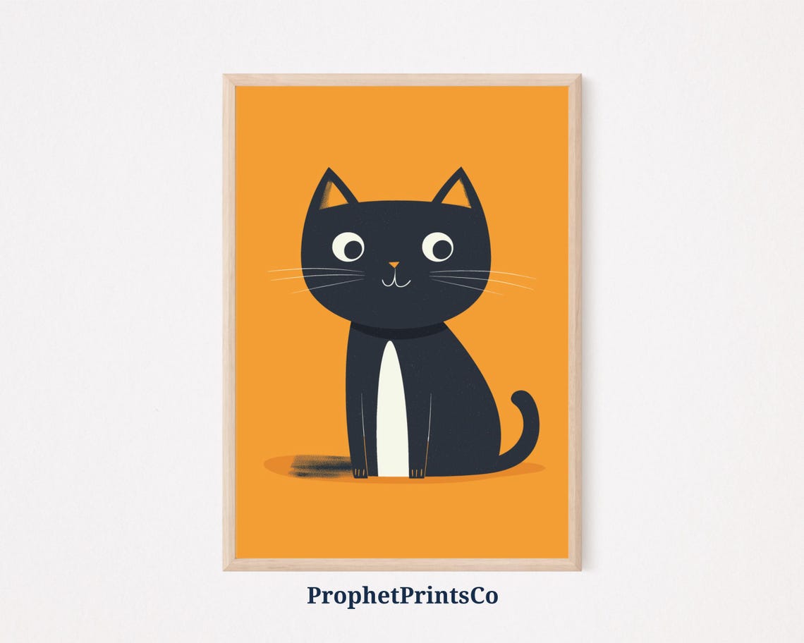 Cute Black Cat Cartoon Orange Background Playful Kids Decor Poster
