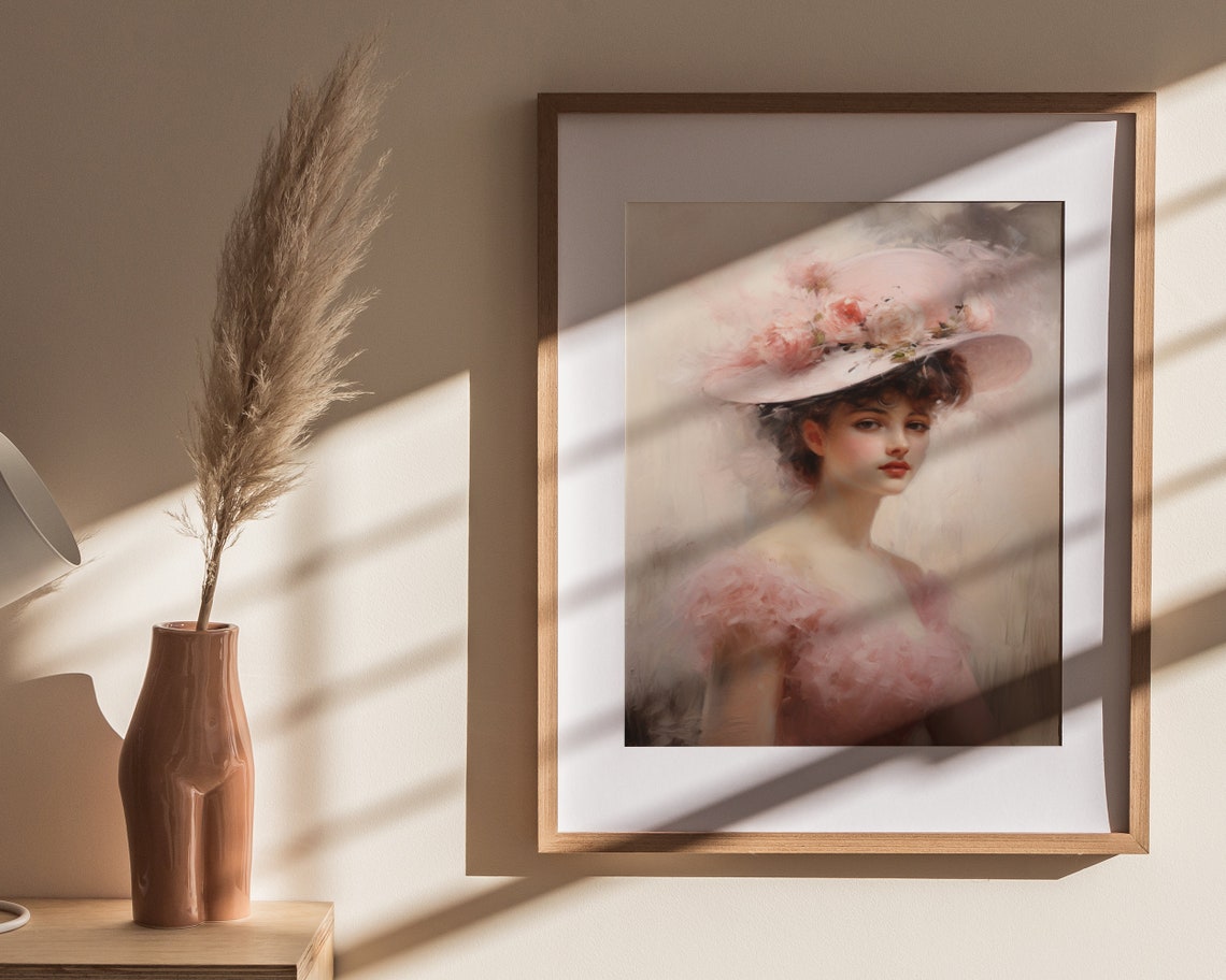 Lady in Pink Floral Hat Blush Tulle Pastel Portrait Painting Poster - Image 4