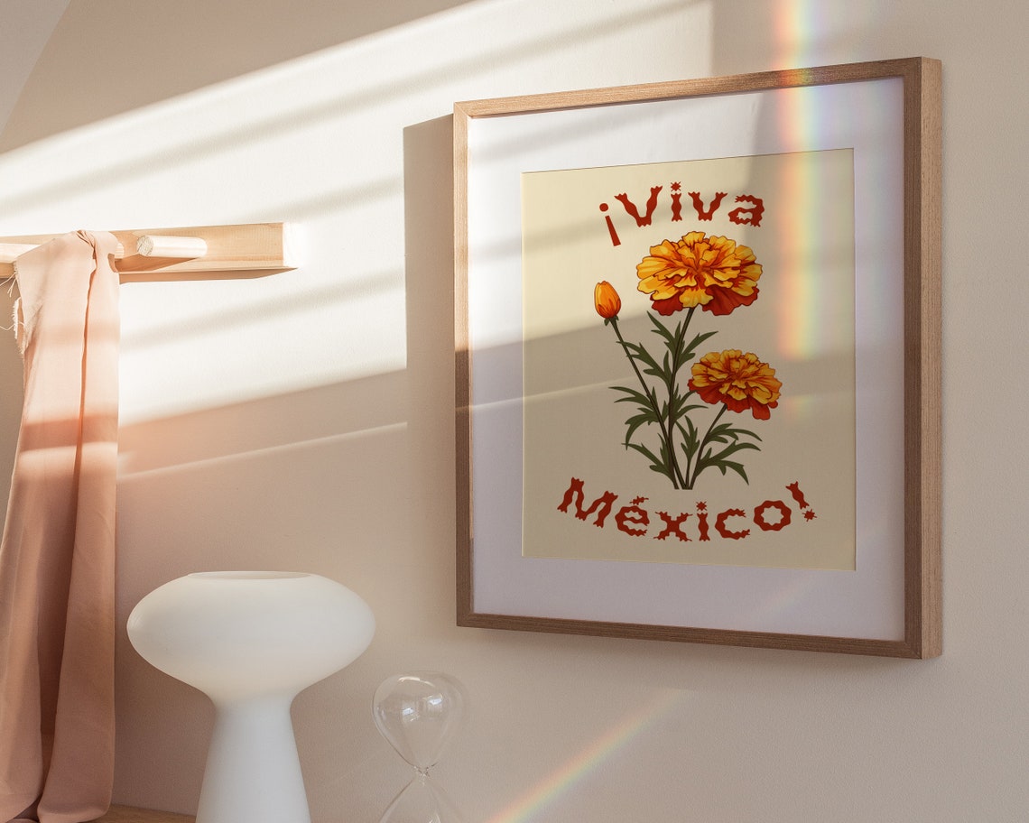 Viva Mexico Orange Marigold Floral Festive Latino Heritage Art Poster - Image 3